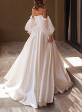 Chic A-line Off-The-Shoulder Long Sleeves Satin Wedding Dresses Pleated-Dbrbridal