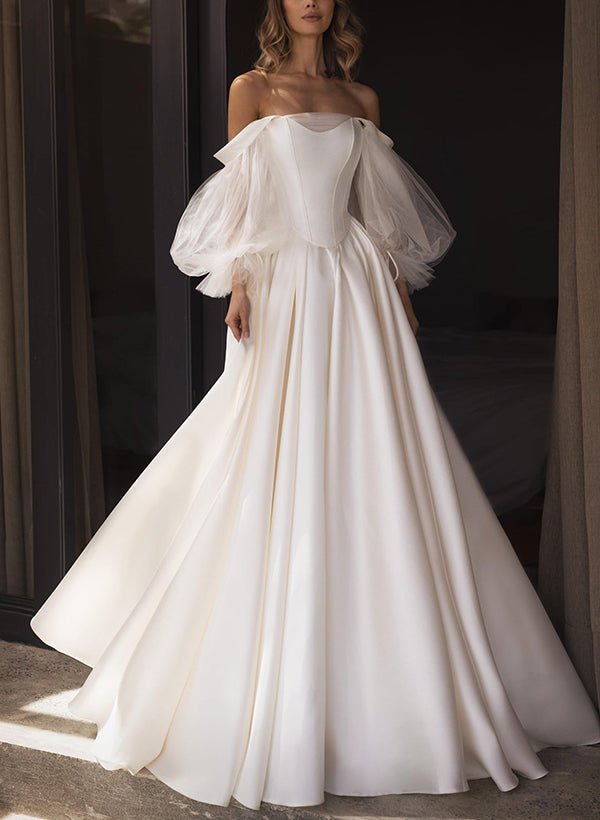 Chic A-line Off-The-Shoulder Long Sleeves Satin Wedding Dresses Pleated-Dbrbridal