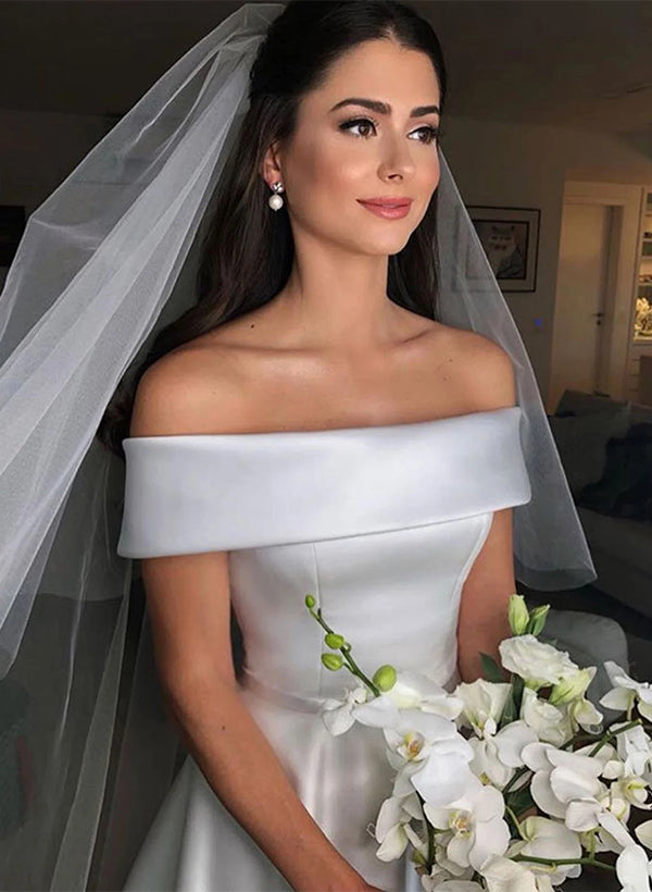 Chic A-line Off-the-Shoulder Sleeveless Satin Wedding Dresses Bows-Dbrbridal