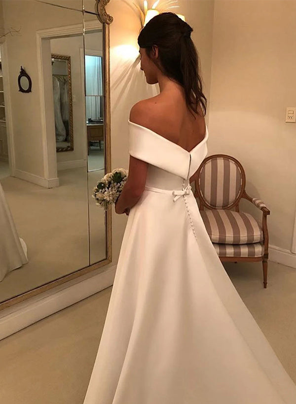 Chic A-line Off-the-Shoulder Sleeveless Satin Wedding Dresses Bows-Dbrbridal