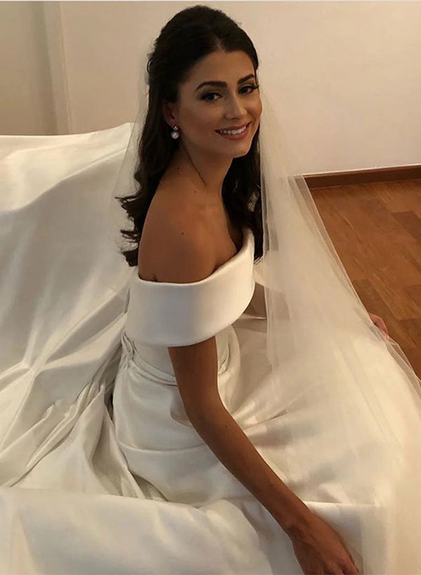 Chic A-line Off-the-Shoulder Sleeveless Satin Wedding Dresses Bows-Dbrbridal