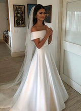 Chic A-line Off-the-Shoulder Sleeveless Satin Wedding Dresses Bows-Dbrbridal