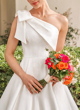 Chic A-line One-Shoulder Sleeveless Sweep Train Satin Wedding Dresses Bows-Dbrbridal