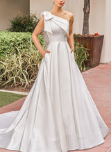 Chic A-line One-Shoulder Sleeveless Sweep Train Satin Wedding Dresses Bows-Dbrbridal