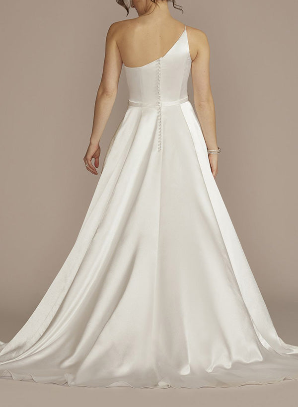 Chic A-line One-Shoulder Sleeveless Sweep Train Silk Like Satin Wedding Dresses-Dbrbridal