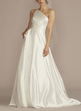 Chic A-line One-Shoulder Sleeveless Sweep Train Silk Like Satin Wedding Dresses-Dbrbridal