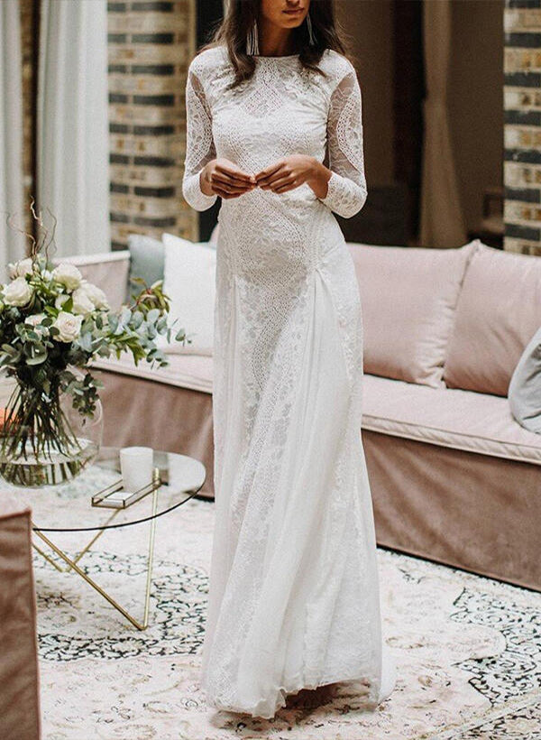 Chic A-line Princess Scoop Neck Lace Wedding Dresses Lace Sweep Train-Dbrbridal