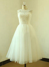 Chic A-line Princess Scoop Neck Tea-Length Organza Wedding Dress Lace-Dbrbridal