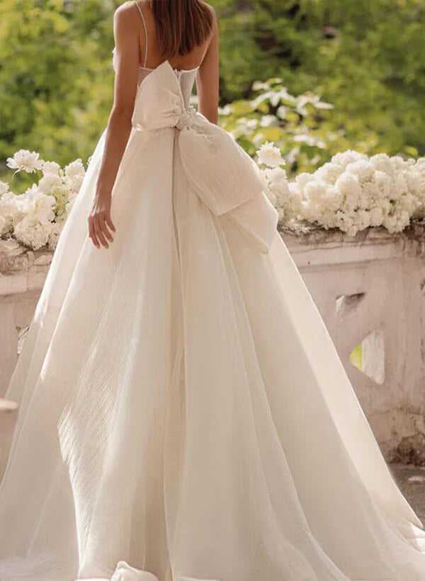 Chic A-line Princess V-Neck Tulle Lace Sweep Train Wedding Dresses Lace Appliques-Dbrbridal