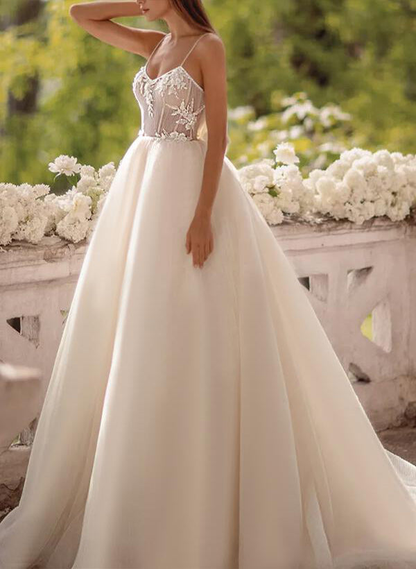 Chic A-line Princess V-Neck Tulle Lace Sweep Train Wedding Dresses Lace Appliques-Dbrbridal