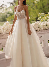 Chic A-line Princess V-Neck Tulle Lace Sweep Train Wedding Dresses Lace Appliques-Dbrbridal