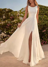 Chic A-line Scoop Neck Chiffon Satin Wedding Dresses High Split Front-Dbrbridal