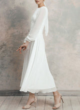 Chic A-line Scoop Neck Long Sleeves Chiffon Ankle-Length Wedding Dress Ruffle-Dbrbridal