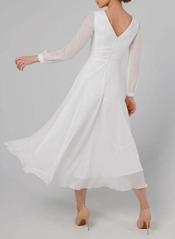 Chic A-line Scoop Neck Long Sleeves Chiffon Ankle-Length Wedding Dress Ruffle-Dbrbridal