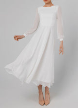 Chic A-line Scoop Neck Long Sleeves Chiffon Ankle-Length Wedding Dress Ruffle-Dbrbridal