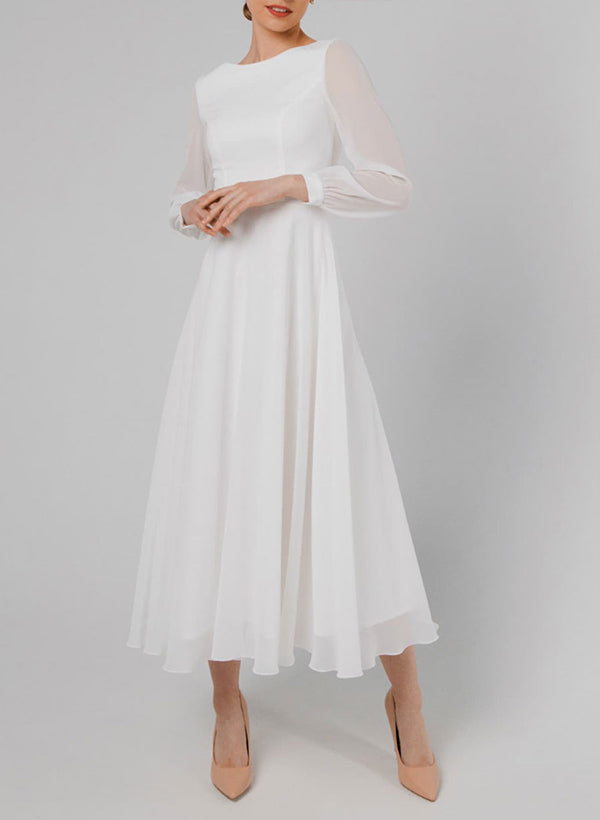 Chic A-line Scoop Neck Long Sleeves Chiffon Ankle-Length Wedding Dress Ruffle-Dbrbridal