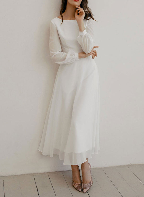 Chic A-line Scoop Neck Long Sleeves Chiffon Ankle-Length Wedding Dress Ruffle-Dbrbridal