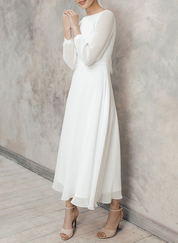 Chic A-line Scoop Neck Long Sleeves Chiffon Ankle-Length Wedding Dress Ruffle-Dbrbridal