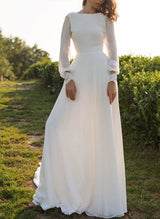 Chic A-line Scoop Neck Long Sleeves Satin Court Train Wedding Dress Lace-Dbrbridal