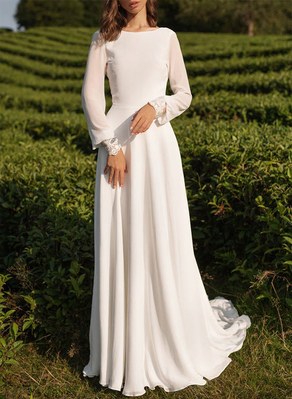 Chic A-line Scoop Neck Long Sleeves Satin Court Train Wedding Dress Lace-Dbrbridal