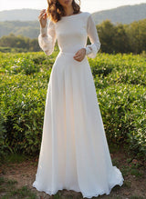 Chic A-line Scoop Neck Long Sleeves Satin Court Train Wedding Dress Lace-Dbrbridal