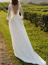 Chic A-line Scoop Neck Long Sleeves Satin Court Train Wedding Dress Lace-Dbrbridal