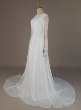 Chic A-line Scoop Neck Long Sleeves Satin Court Train Wedding Dress Lace-Dbrbridal