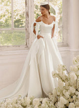 Chic A-line Scoop Neck Sleeveless Satin Wedding Dresses Bows Pockets-Dbrbridal