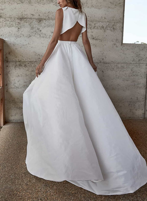 Chic A-line Scoop Neck Sleeveless Wedding Dresses Sweep Train Split Front-Dbrbridal