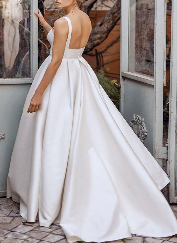 Chic A-line Sleeveless Square Neckline Satin Sweep Train Wedding Dresses Pleated-Dbrbridal