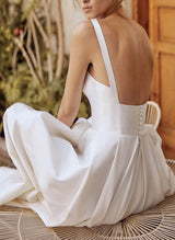 Chic A-line Sleeveless Square Neckline Satin Sweep Train Wedding Dresses Pleated-Dbrbridal