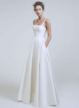 Chic A-line Sleeveless Square Neckline Satin Sweep Train Wedding Dresses Pleated-Dbrbridal