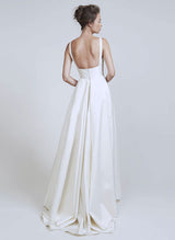 Chic A-line Sleeveless Square Neckline Satin Sweep Train Wedding Dresses Pleated-Dbrbridal