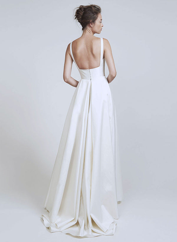 Chic A-line Sleeveless Square Neckline Satin Sweep Train Wedding Dresses Pleated-Dbrbridal