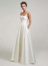 Chic A-line Sleeveless Square Neckline Satin Sweep Train Wedding Dresses Pleated-Dbrbridal