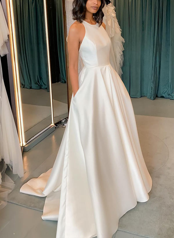 Chic A-line Sleeveless Sweep Train Satin Wedding Dresses Bows-Dbrbridal