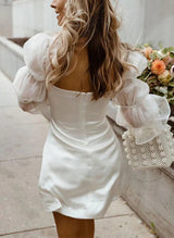 Chic A-line Square Neckline Little White Satin Tulle Wedding Dresses Long Sleeves-Dbrbridal