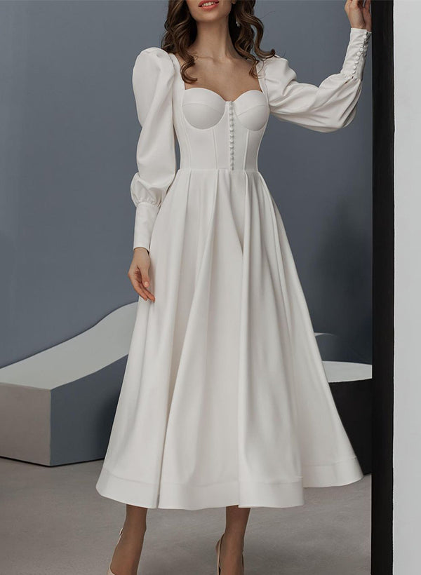 Chic A-line Square Neckline Long Sleeves Ankle-Length Satin Wedding Dresses Bows-Dbrbridal