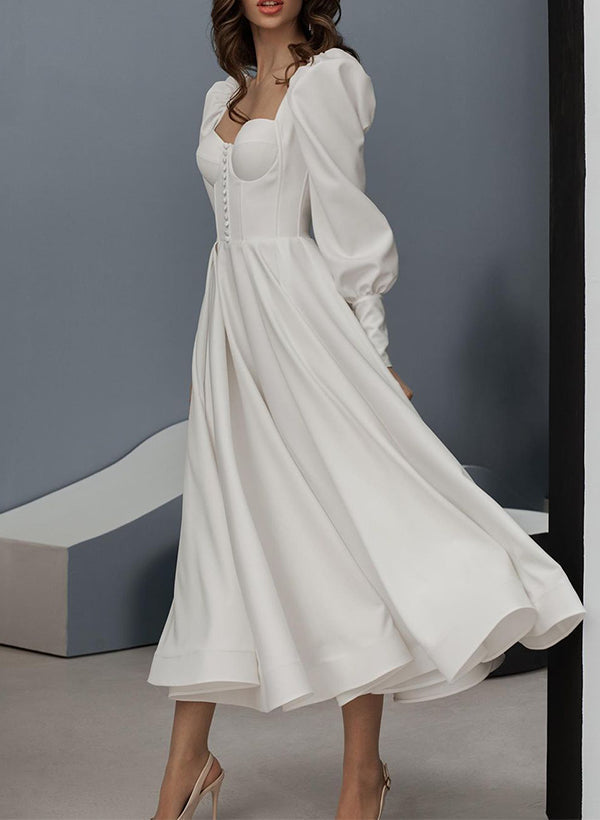 Chic A-line Square Neckline Long Sleeves Ankle-Length Satin Wedding Dresses Bows-Dbrbridal