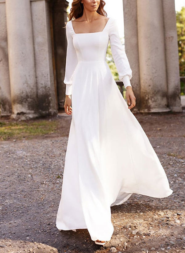 Chic A-line Square Neckline Long Sleeves Satin Sweep Train Wedding Dresses-Dbrbridal