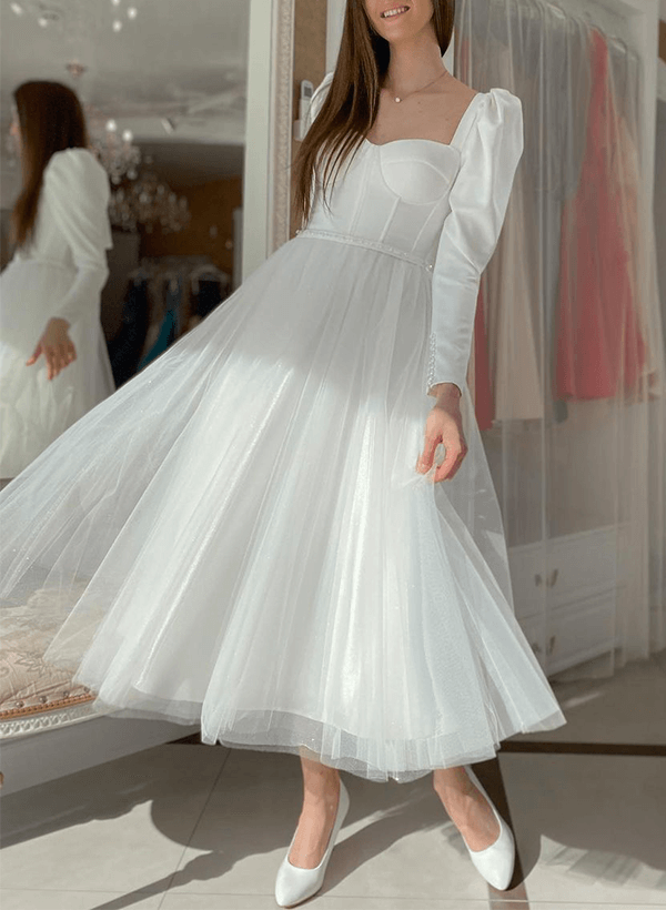 Chic A-line Square Neckline Long Sleeves Satin Tulle Wedding Dresses-Dbrbridal