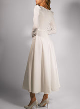 Chic A-line Square Neckline Long Sleeves Tea-Length Satin Wedding Dresses-Dbrbridal