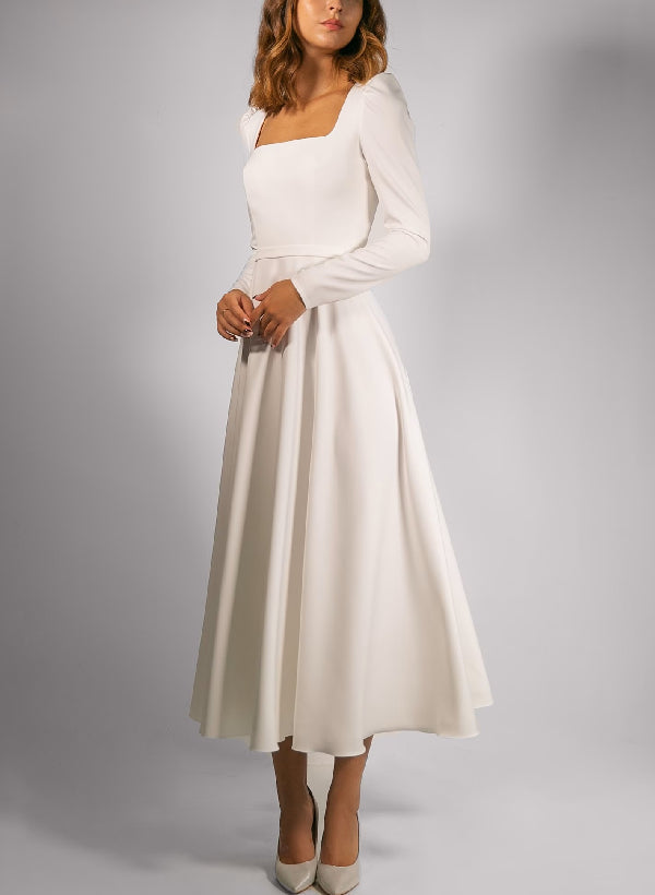 Chic A-line Square Neckline Long Sleeves Tea-Length Satin Wedding Dresses-Dbrbridal