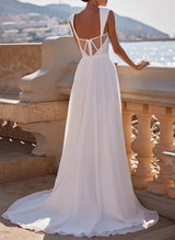 Chic A-line Square Neckline Sleeveless Chiffon Wedding Dresses High Split-Dbrbridal