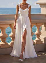 Chic A-line Square Neckline Sleeveless Chiffon Wedding Dresses High Split-Dbrbridal