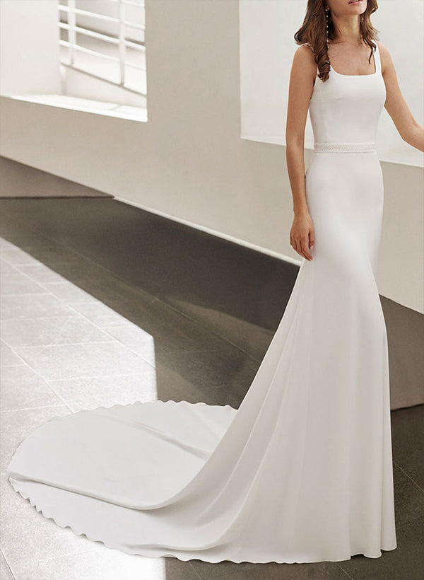 Chic A-line Square Neckline Sleeveless Elastic Satin Chapel Train Wedding Dress-Dbrbridal