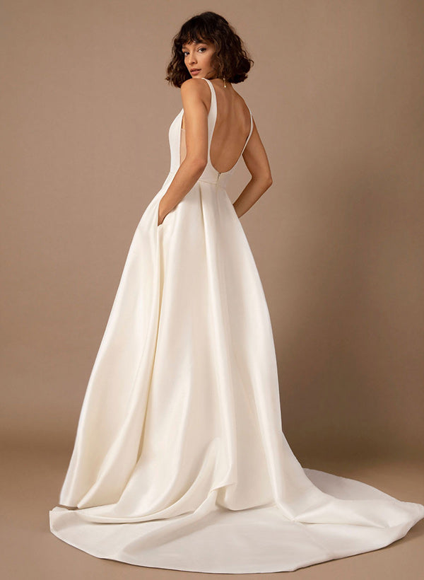 Chic A-line Square Neckline Sleeveless Satin Court Train Wedding Dresses Pleated Pockets-Dbrbridal