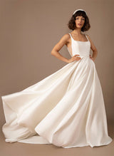 Chic A-line Square Neckline Sleeveless Satin Court Train Wedding Dresses Pleated Pockets-Dbrbridal