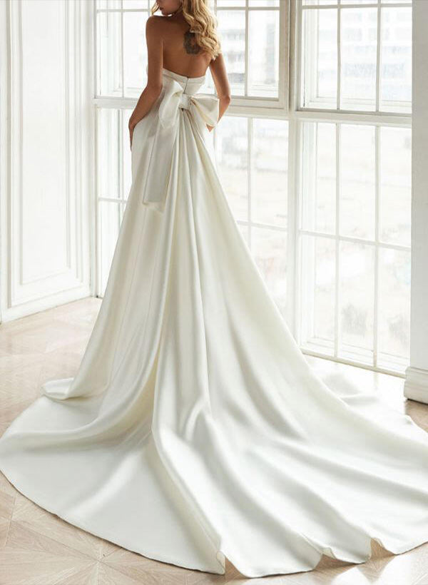 Chic A-line Strapless Satin Court Train Wedding Dresses Bows-Dbrbridal