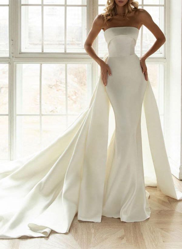 Chic A-line Strapless Satin Court Train Wedding Dresses Bows-Dbrbridal